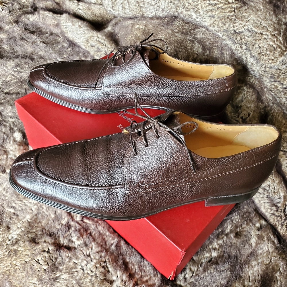 Salvatore Ferragamo Men's Hickory Brown Pebbled Calf Shoes